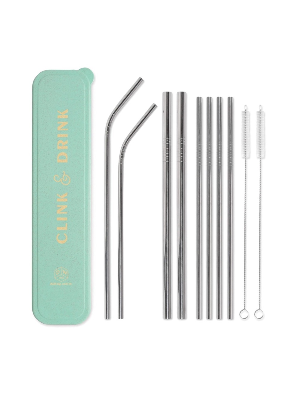 DesignWorks Ink Mint Stainless Steel Straw Set with Gold-Stamped Case